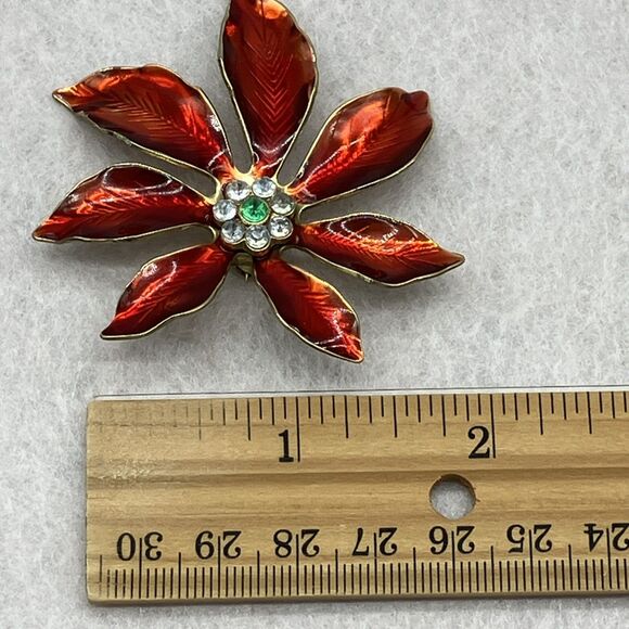 Vtg. Red Poinsettia Flower Brooch Sparklecore Statement MCM - Picture 7 of 7